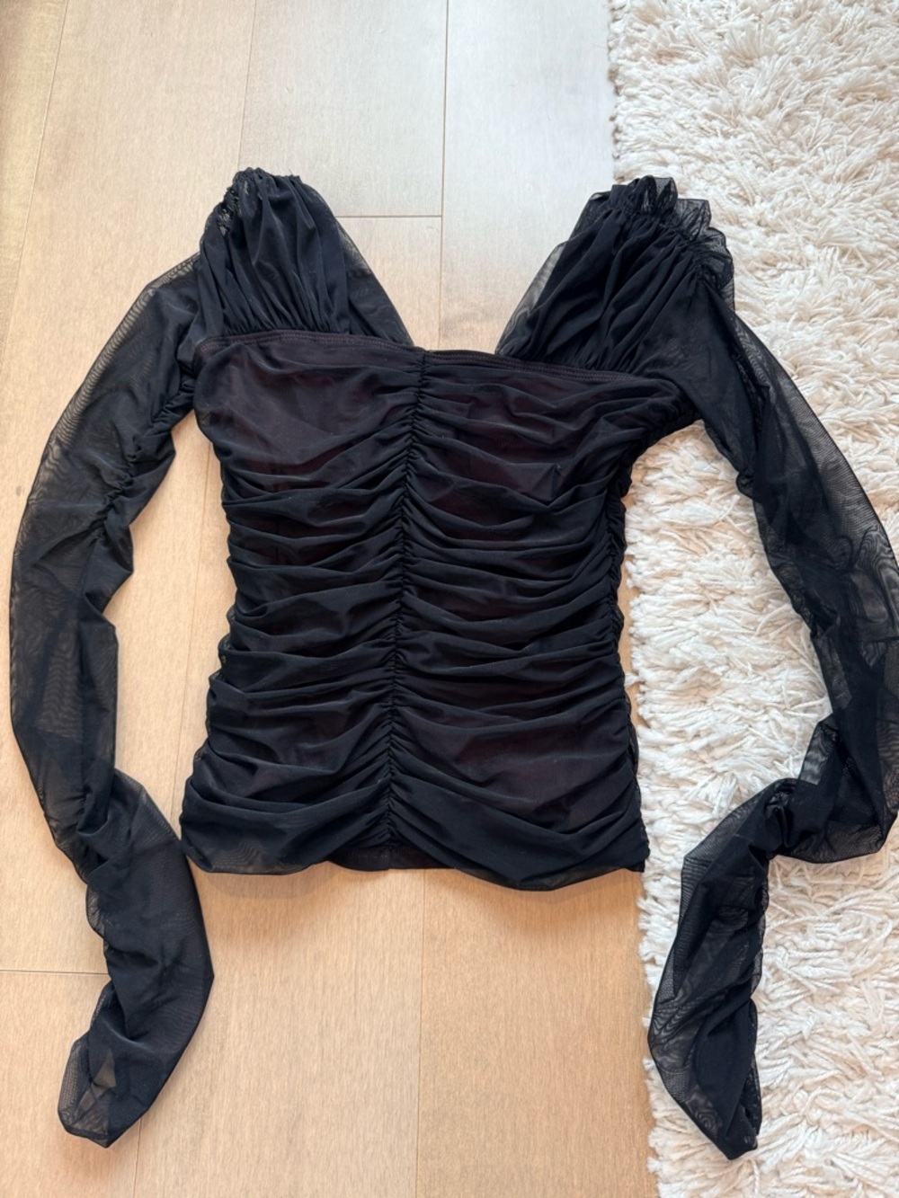 A.L.C. Sheer Ruched Long-Sleeve Black Top